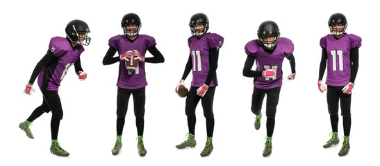 Set of American football player in uniform with ball on white background