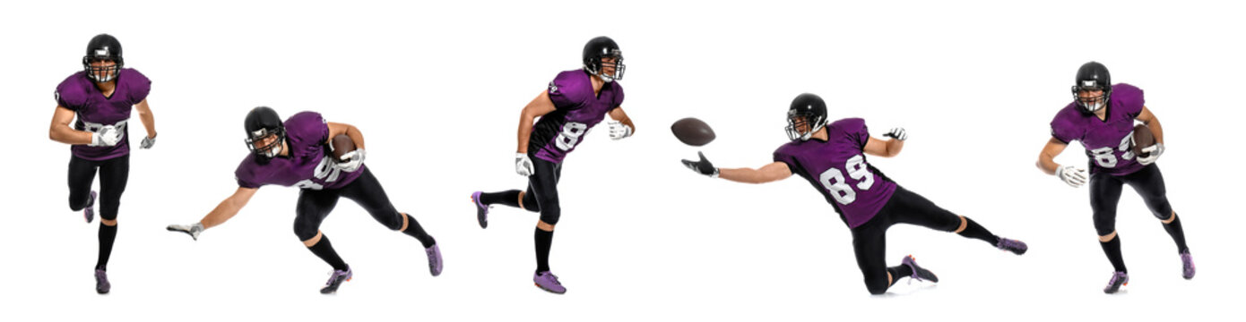 Set of American football player in uniform with ball on white background