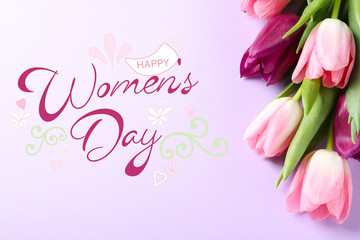 Beautiful spring tulips on color background, top view. Happy Women's Day