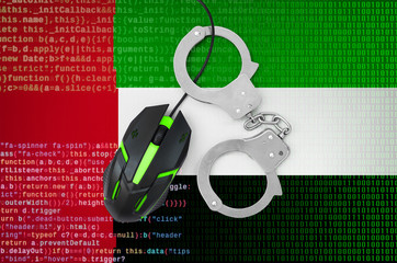 United Arab Emirates flag  and handcuffed computer mouse. Combating computer crime, hackers and...