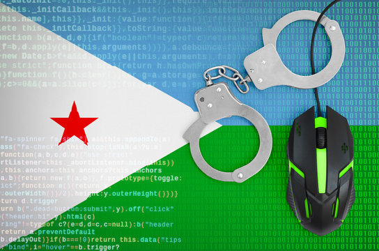 Djibouti flag  and handcuffed computer mouse. Combating computer crime, hackers and piracy