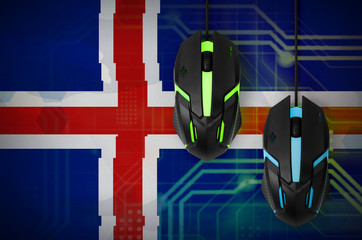 Iceland flag  and two mice with backlight. Online cooperative games. Cyber sport team