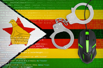 Zimbabwe flag  and handcuffed computer mouse. Combating computer crime, hackers and piracy