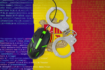 Andorra flag  and handcuffed computer mouse. Combating computer crime, hackers and piracy