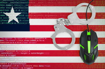 Liberia flag  and handcuffed computer mouse. Combating computer crime, hackers and piracy
