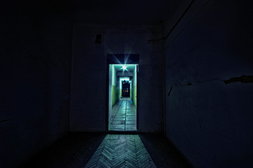 Dark corridor. Mystical interior of dark empty corridor, tunnel in an abandoned house. Dark...