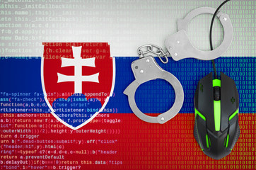 Slovakia flag  and handcuffed computer mouse. Combating computer crime, hackers and piracy