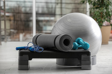 Set of fitness equipment of floor indoors