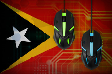 Timor Leste flag  and two mice with backlight. Online cooperative games. Cyber sport team