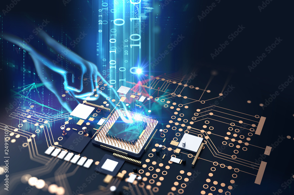 Poster 3d rendering of futuristic blue circuit board