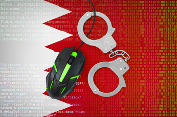 Bahrain flag  and handcuffed computer mouse. Combating computer crime, hackers and piracy