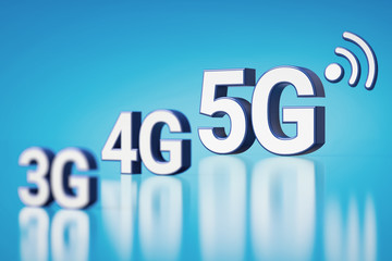 3G, 4G and 5G white letters in blurry closeup. 5G is the most recent and the fastest. Cyan background with copyspace available. 3D rendering