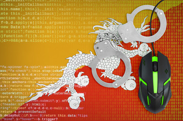 Bhutan flag  and handcuffed computer mouse. Combating computer crime, hackers and piracy