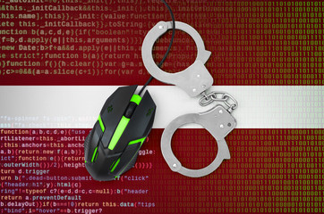 Latvia flag  and handcuffed computer mouse. Combating computer crime, hackers and piracy