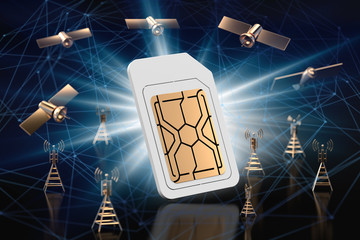Sim card surrounded by high speed network data transfer nodes. Blurry closeup shot. Fast mobile internet technology concept. 3D rendering - obrazy, fototapety, plakaty