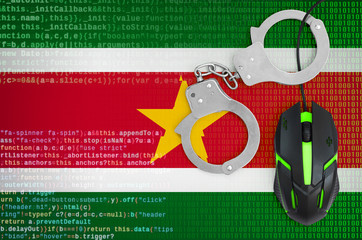 Suriname flag  and handcuffed computer mouse. Combating computer crime, hackers and piracy