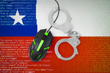 Chile flag  and handcuffed computer mouse. Combating computer crime, hackers and piracy