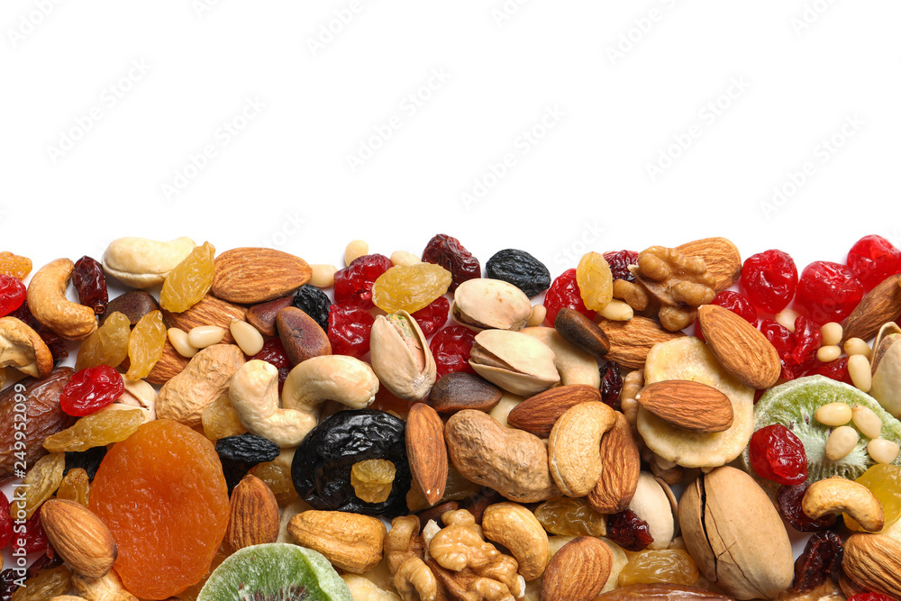 Canvas Prints different dried fruits and nuts on white background, top view. space for text