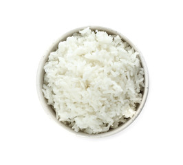 Bowl of boiled rice on white background, top view
