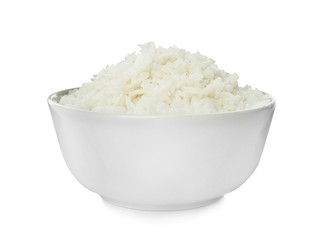 Bowl of boiled rice on white background