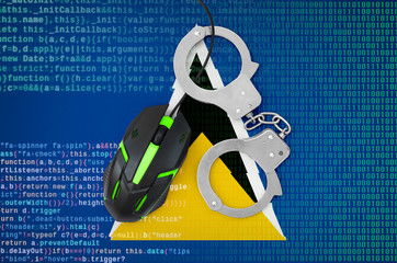 Saint Lucia flag  and handcuffed computer mouse. Combating computer crime, hackers and piracy