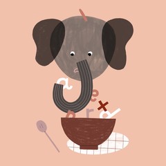 Sad elephant eating letter soup