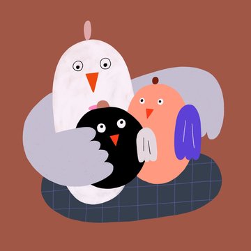 Colourful bird family cuddling