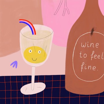 A happy glass of wine next to a bottle of wine to feel fine