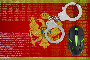 Montenegro flag  and handcuffed computer mouse. Combating computer crime, hackers and piracy
