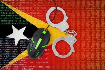 Timor Leste flag  and handcuffed computer mouse. Combating computer crime, hackers and piracy