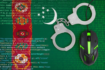 Turkmenistan flag  and handcuffed computer mouse. Combating computer crime, hackers and piracy