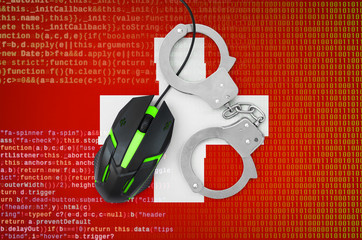 Switzerland flag  and handcuffed computer mouse. Combating computer crime, hackers and piracy