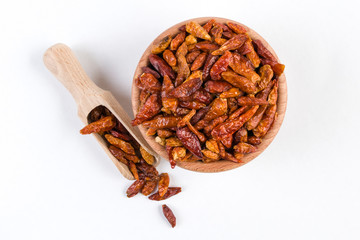 piri piri pepper in wooden bowl and scoop isolated on white background. Closeup.