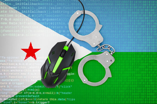Djibouti flag  and handcuffed computer mouse. Combating computer crime, hackers and piracy