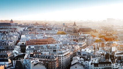 Paris, France - Seine river aerial cityscape in autumn colors. Sorbonne University in the...