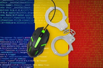 Romania flag  and handcuffed computer mouse. Combating computer crime, hackers and piracy