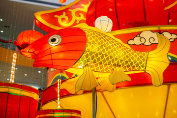 hand crafted chinese golden fish lantern, close up selective focusing.