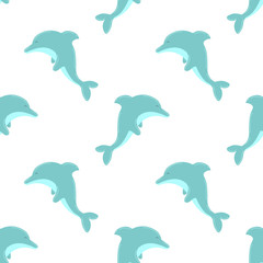 Seamless summer pattern with cute dolphins. Vector sea illustration for children, holiday, background, print, design, fabric, baby, card, girl, boy, birthday. Hand-drawn marine image of a dolphin