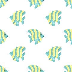 Seamless summer pattern with cute stripes fishes. Vector sea illustration for children, holiday, background, print, design, fabric, baby, card, girl, boy, birthday. Hand-drawn marine image of a fish