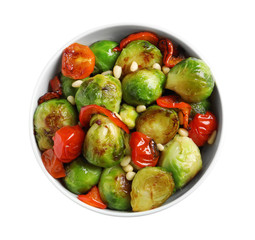 Bowl of salad with Brussels sprouts isolated on white, top view