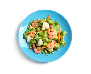 Plate of salad with Brussels sprouts isolated on white, top view
