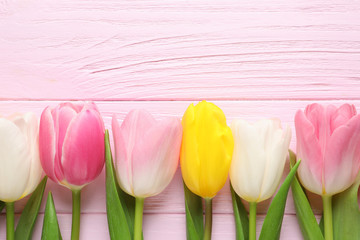 Flat lay composition of beautiful spring tulips on wooden background, space for text. International Women's Day