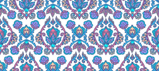 Moroccan style blue lineart traditional Turkish floral ornament on white background, vector seamless pattern tile