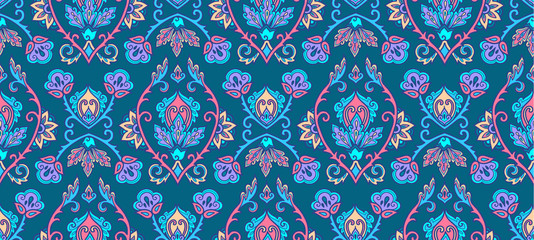 Textile and wall traditional Turkish floral colorful ornament on blue background, vector seamless pattern tile © art_of_sun
