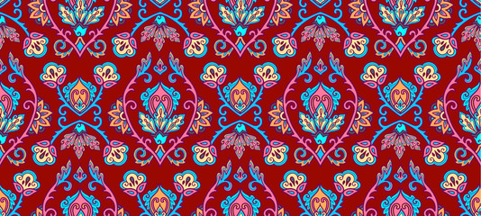 Vintage textile and wall traditional Turkish floral colorful ornament on purple background, vector seamless pattern tile