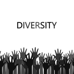 Diversity concept design, hands up with text