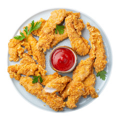 Breaded chicken strips with sauce.