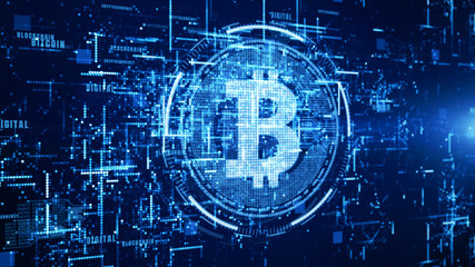 Obraz premium Bitcoin currency sign in digital cyberspace, network for world money