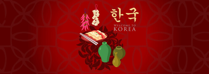 Naklejka premium Vacation Travel to Korea, Seoul landmark and food, hangug mean korea, vector illustration. ​