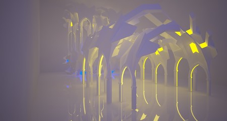 Abstract  white Futuristic Sci-Fi Gothic interior With Yellow And Blue Glowing Neon Tubes . 3D illustration and rendering.